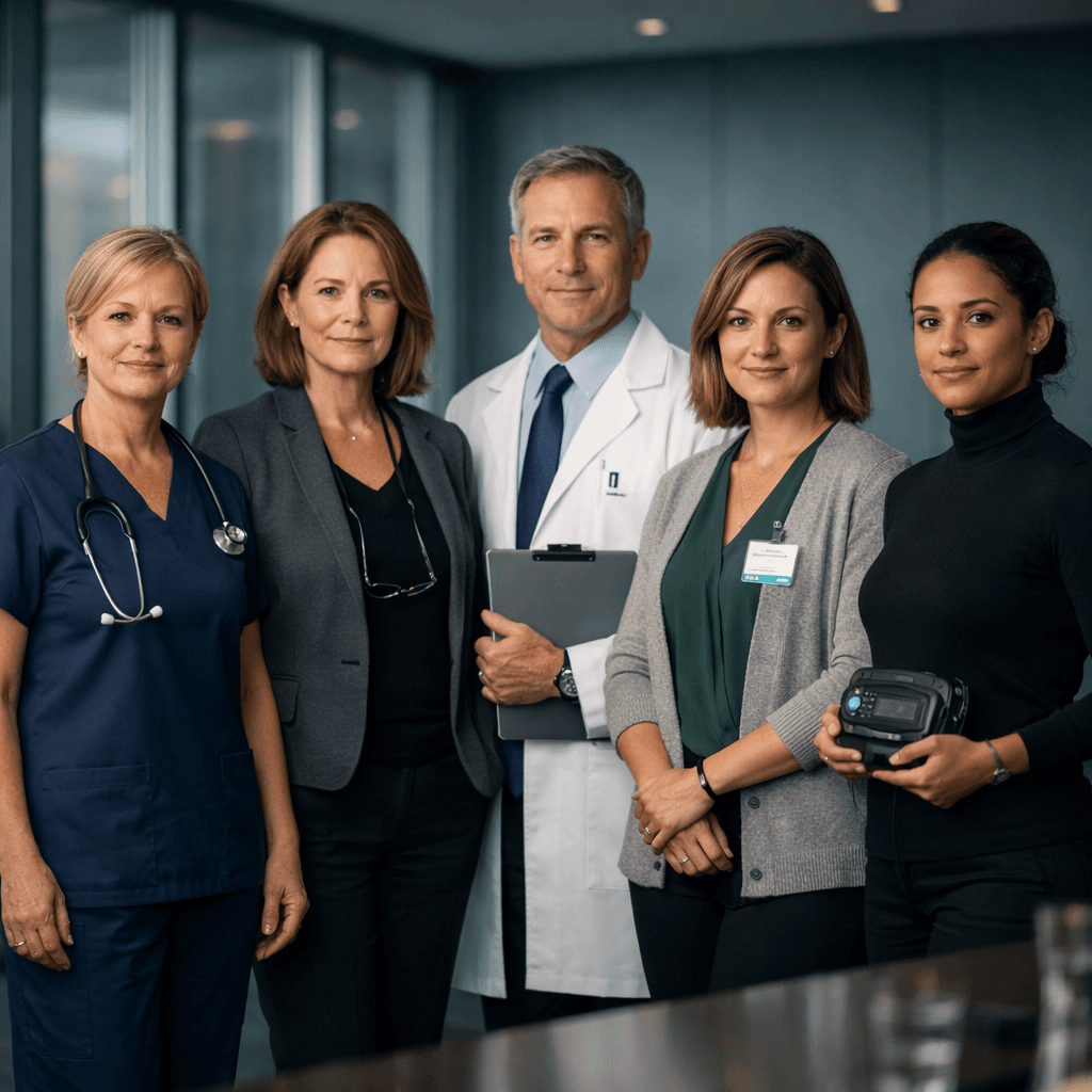 Isometric illustration of diverse care professionals gathered around a round table collaboratively shaping Ultaura