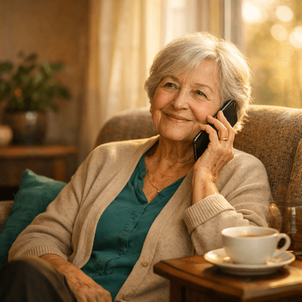 Isometric illustration of a senior in a cozy room by a window, phone to ear, with colorful sound waves filling the space with warmth